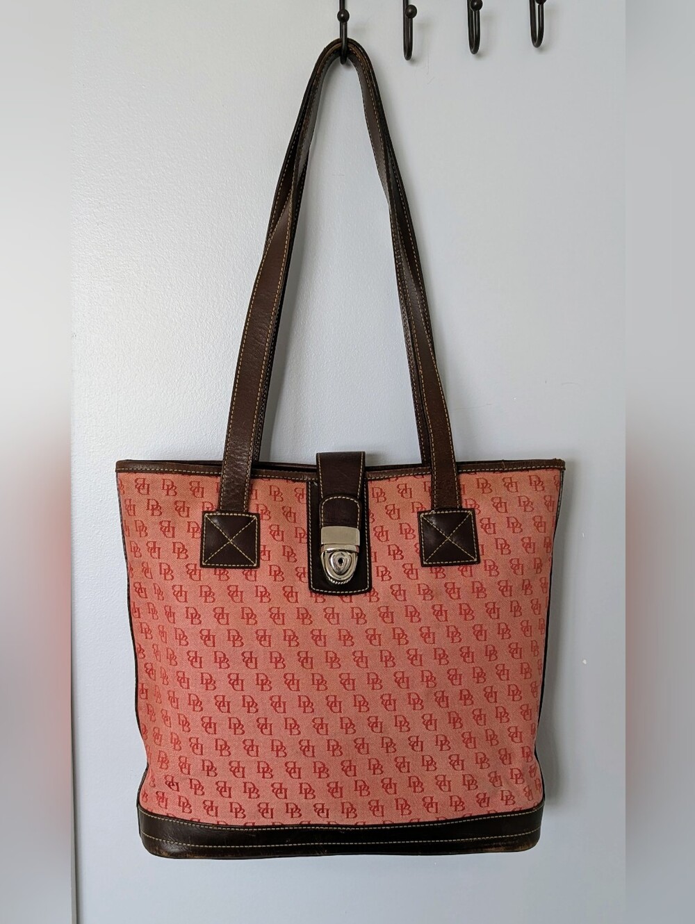 Dooney & Bourke Red Logo Canvas Tote with Brown Leather Trim